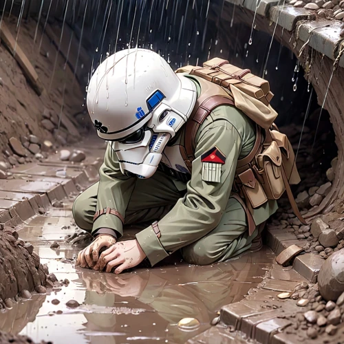 mud wall,lost in war,paratrooper,climbing helmet,war correspondent,soldier's helmet,combat medic,rescuer,construction helmet,climbing helmets,astronaut helmet,mud,rain suit,warsaw uprising,civil defense,excavation,rescuers,storm drain,protective clothing,eastern ukraine,Anime,Anime,Realistic