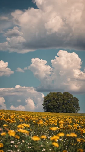 isolated tree,blooming field,sunflower field,field of rapeseeds,dandelion field,dandelion meadow,lone tree,meadow landscape,flower field,field of flowers,sunflowers,blanket of flowers,landscape photography,grasslands,flowers field,towering cumulus clouds observed,rapeseed field,helianthus,summer meadow,blanket flowers,Photography,General,Cinematic