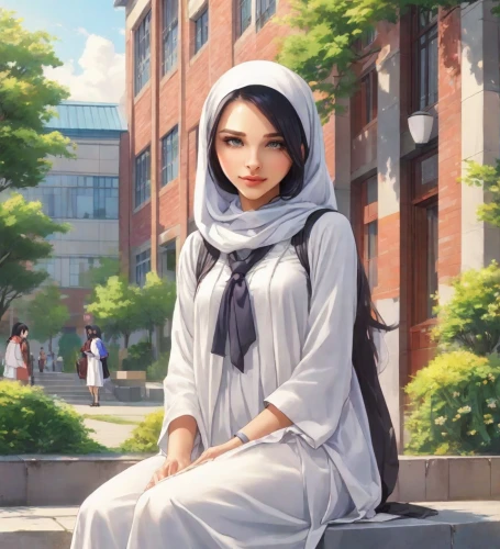 anime japanese clothing,islamic girl,hijab,hijaber,girl in a historic way,kosmea,anime cartoon,girl sitting,girl studying,japanese woman,girl praying,girl in cloth,studio ghibli,sensei,lily of the field,muslim woman,anime girl,student,cg artwork,a beautiful jasmine,Digital Art,Anime