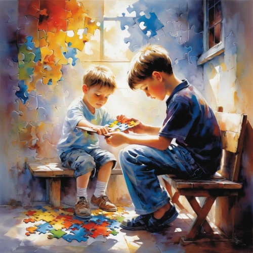 jigsaw puzzle,children studying,puzzle,children drawing,puzzle pieces,art painting,children's background,children learning,flower painting,oil painting on canvas,painter,painting technique,little boy and girl,mechanical puzzle,oil painting,children's room,puzzle piece,italian painter,glass painting,children play,Conceptual Art,Oil color,Oil Color 03