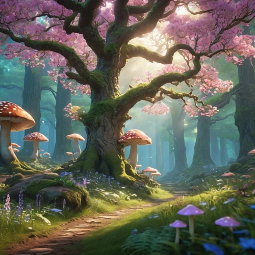 mushroom landscape,fairy forest,mushroom island,fairy village,cartoon forest,fairytale forest,forest mushrooms,japanese sakura background,spring background,elven forest,druid grove,toadstools,fairy world,springtime background,forest mushroom,mushrooms,tree mushroom,sakura trees,sakura background,enchanted forest,Photography,General,Realistic