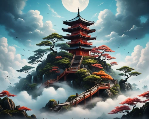 world digital painting,fantasy landscape,chinese clouds,chinese temple,bird kingdom,asian architecture,hanging temple,japan landscape,mushroom landscape,japanese background,chinese architecture,chinese art,japanese art,pagoda,tsukemono,fantasy picture,landscape background,stone pagoda,chinese background,fantasy art,Conceptual Art,Fantasy,Fantasy 21