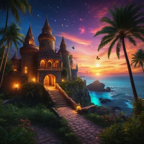 fantasy picture,tropical house,fantasy landscape,monkey island,bali,tropical island,fairytale castle,ramadan background,full hd wallpaper,thai temple,cartoon video game background,fairy tale castle,arabic background,landscape background,cambodia,kerala,world digital painting,fantasy world,fantasy art,sea shore temple,Photography,General,Fantasy