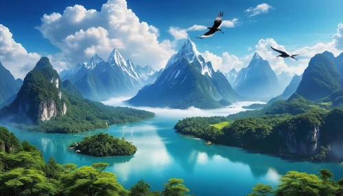 fantasy landscape,bird kingdom,fantasy picture,landscape background,world digital painting,macaws,flying island,hot-air-balloon-valley-sky,bird bird kingdom,mountainous landscape,cartoon video game background,fairies aloft,macaws of south america,floating islands,background view nature,elves flight,mountain world,mountainous landforms,beautiful landscape,blue macaws,Photography,General,Realistic