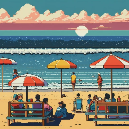 summer beach umbrellas,beach bar,beach chairs,beach restaurant,seaside,lido di ostia,seaside resort,people on beach,santa monica,beach landscape,beach scenery,beach goers,beach furniture,dream beach,beach umbrella,seaside view,copacabana,beach huts,beach background,honolulu,Illustration,American Style,American Style 15