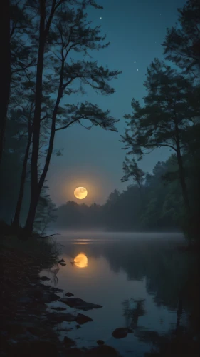 evening lake,moonlit night,foggy landscape,before the dawn,before dawn,moonrise,fantasy landscape,evening atmosphere,japan landscape,calm water,moonlit,the night of kupala,tranquility,moonlight,dawn,daybreak,night scene,first light,fantasy picture,calming,Photography,General,Cinematic