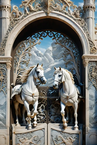 two-horses,white horses,andalusians,arabian horses,man and horses,front gate,horses,beautiful horses,the horse at the fountain,pegasus,equestrian statue,wood gate,puy du fou,bay horses,portal,white horse,horse stable,a white horse,equine,unicorn art,Photography,General,Fantasy