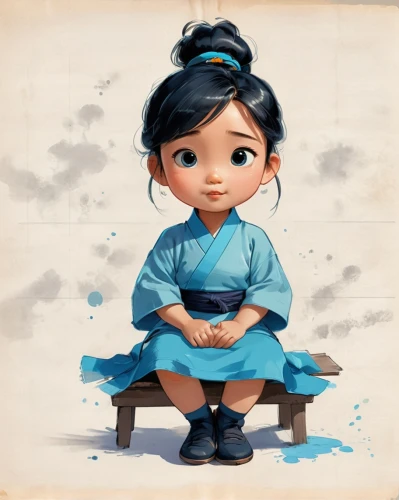 hanbok,mulan,chinese art,girl sitting,kids illustration,blue painting,the little girl,jasmine blue,geisha girl,oriental girl,girl with cloth,geisha,little girl in wind,girl praying,jasmine,little girl,child girl,cute cartoon character,yunnan,world digital painting,Unique,Design,Character Design