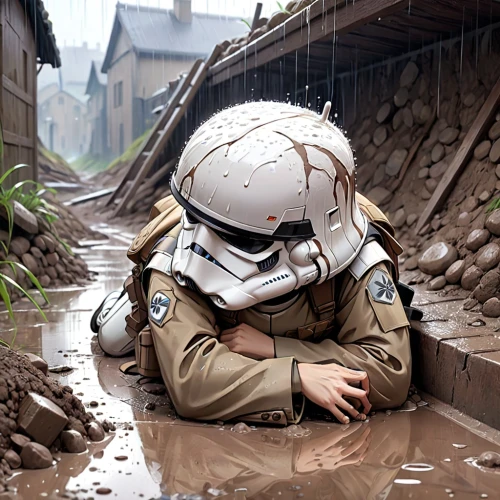 stormtrooper,lost in war,soldier's helmet,storm troops,rain protection,german helmet,combat medic,rain suit,silver rain,boba fett,protection from rain,war correspondent,helmet,boba,construction helmet,droids,cg artwork,soldier,rain pants,troop,Anime,Anime,Realistic