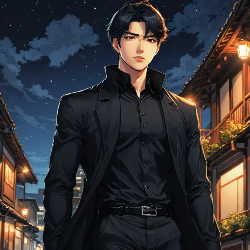 starry sky,black suit,groom,corvin,the groom,dusk background,clear night,night sky,dark suit,male character,the night sky,butler,moonlit night,hamelin,kado,skyflower,prince of wales,ren,main character,yukio,Illustration,Realistic Fantasy,Realistic Fantasy 26