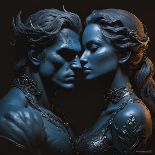 amorous,blue painting,romantic portrait,bodypainting,masque,fantasy art,bodypaint,dark art,body painting,fantasy portrait,blue rose,two people,cg artwork,mystique,blue enchantress,gothic portrait,young couple,kissing,mazarine blue,man and woman,Conceptual Art,Fantasy,Fantasy 13