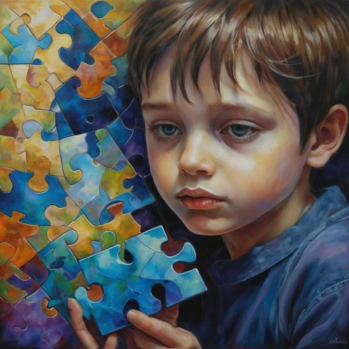jigsaw puzzle,oil painting on canvas,child portrait,rubik's cube,rubiks cube,rubik cube,puzzle,oil painting,child art,oil on canvas,ernő rubik,rubiks,puzzle piece,mechanical puzzle,rubik,puzzle pieces,magic cube,autism infinity symbol,art painting,child playing,Illustration,Realistic Fantasy,Realistic Fantasy 30