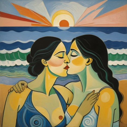 mother kiss,girl kiss,honeymoon,david bates,lovers,two girls,kissing,making out,amorous,loving couple sunrise,lover's beach,young couple,oil painting on canvas,olle gill,peruvian women,indigenous painting,sun and moon,beach goers,two people,oil on canvas,Art,Artistic Painting,Artistic Painting 05