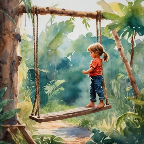 child playing,child in park,watercolor background,rainforest,tropical bird climber,watercolor painting,tarzan,wooden swing,child's frame,child portrait,oil painting,kids illustration,watercolor,climbing garden,girl and boy outdoor,empty swing,digital painting,children's background,happy children playing in the forest,swing set