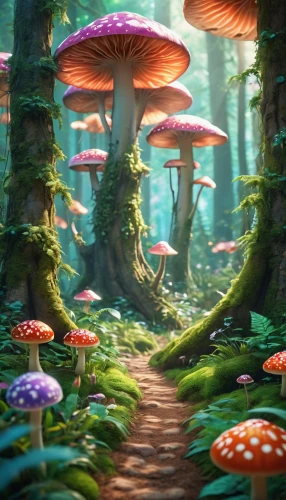 mushroom landscape,fairy forest,mushroom island,cartoon forest,forest mushroom,fairytale forest,forest mushrooms,cartoon video game background,forest floor,fairy world,elven forest,fairy village,enchanted forest,toadstools,mushrooms,forest path,forest of dreams,forest glade,forest background,fantasy landscape,Photography,General,Realistic