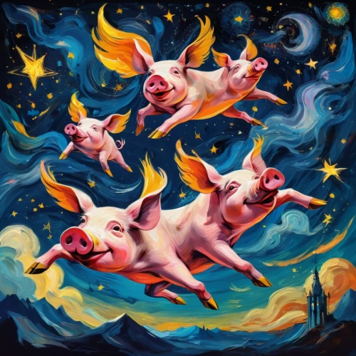piglets,bay of pigs,pig's trotters,teacup pigs,suckling pig,pigs,pig,swine,livestock,pigs in blankets,unicorns,piglet barn,kawaii pig,pork,flying dogs,lucky pig,pig roast,pancetta,the zodiac sign taurus,zodiac,Conceptual Art,Oil color,Oil Color 21