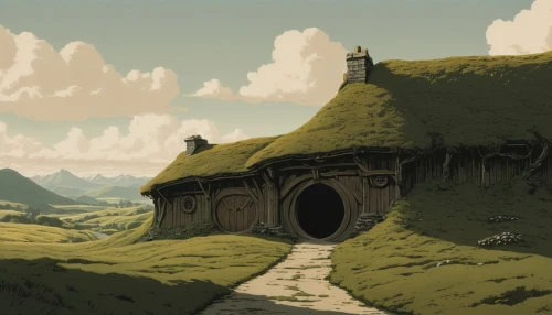 studio ghibli,witch's house,hobbit,lonely house,ancient house,jrr tolkien,hobbiton,little house,dandelion hall,the threshold of the house,house in mountains,witch house,the hills,home landscape,mountain settlement,hilltop,house in the mountains,house silhouette,small house,place of pilgrimage,Illustration,Japanese style,Japanese Style 08