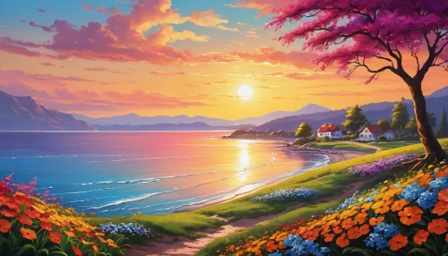 landscape background,coastal landscape,sea of flowers,beach landscape,beautiful landscape,flower painting,splendor of flowers,sea landscape,nature landscape,springtime background,flower in sunset,purple landscape,colorful background,flower background,background colorful,landscape with sea,fantasy landscape,splendid colors,spring background,landscape nature,Photography,General,Realistic