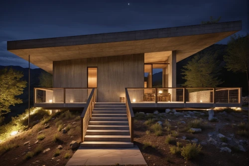 dunes house,mid century house,the cabin in the mountains,timber house,3d rendering,landscape lighting,cubic house,modern house,archidaily,wooden house,eco-construction,log home,house in the mountains,modern architecture,inverted cottage,small cabin,house in mountains,render,corten steel,mid century modern,Photography,General,Realistic