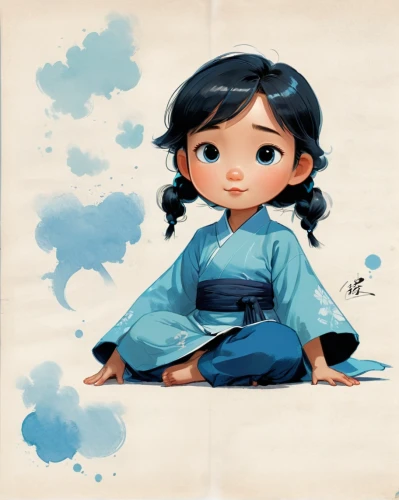 chinese art,mulan,hanbok,rice paper,fabric painting,jasmine,jasmine blue,japanese art,jasmine blossom,girl with cloth,oriental painting,little girl in wind,oriental girl,cute cartoon character,yunnan,rice paper roll,blue painting,girl sitting,oriental princess,cute cartoon image,Unique,Design,Character Design