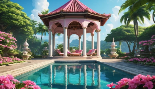 gazebo,wishing well,lilly pond,pool house,water palace,tropical bloom,tropical house,pop up gazebo,cabana,pergola,idyllic,resort,tropical island,secret garden of venus,fountain,oasis,lily pond,rosarium,fountain pond,flower booth,Photography,General,Realistic