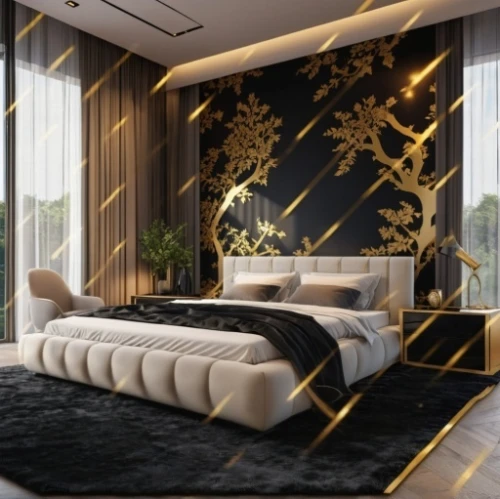gold wall,room divider,modern decor,modern room,interior decoration,bamboo curtain,black and gold,contemporary decor,great room,interior design,interior modern design,sleeping room,ornate room,apartment lounge,luxury home interior,modern living room,gold paint stroke,gold leaf,decor,luxurious
