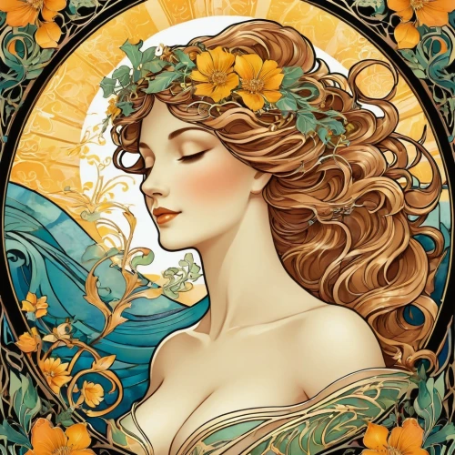 art nouveau,art nouveau design,mucha,gold foil mermaid,art nouveau frame,golden wreath,jessamine,laurel wreath,art nouveau frames,aphrodite,gardenia,art deco woman,rosa ' amber cover,faery,the zodiac sign pisces,gold filigree,faerie,flora,dryad,virgo,Illustration,Retro,Retro 13