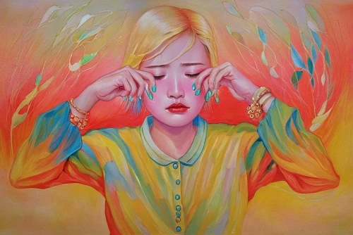 praying woman,crying angel,oil painting on canvas,girl praying,kahila garland-lily,oil on canvas,woman praying,mystical portrait of a girl,psychedelic art,the listening,aura,woman thinking,hearing,angel's tears,portrait of a girl,stressed woman,astonishment,depressed woman,blonde woman,worried girl,Conceptual Art,Daily,Daily 03