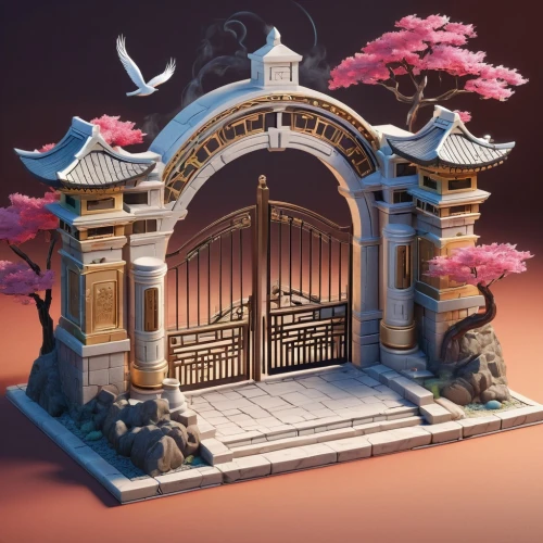 japanese shrine,japanese garden ornament,victory gate,3d render,shrine,shinto shrine,wood gate,tori gate,wishing well,gate,shinto shrine gates,iron gate,gateway,japanese zen garden,zen garden,3d fantasy,chinese temple,fence gate,forbidden palace,archway,Unique,3D,Isometric