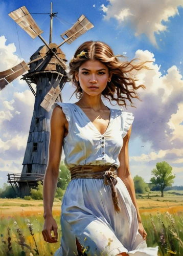 little girl in wind,the windmills,windmills,girl with a wheel,windmill,wind mill,dutch windmill,pilgrim,wind warrior,girl in a historic way,fantasy picture,world digital painting,wind mills,joan of arc,fantasy portrait,wind generator,girl with bread-and-butter,cross wind,fields of wind turbines,dutch landscape,Conceptual Art,Fantasy,Fantasy 15