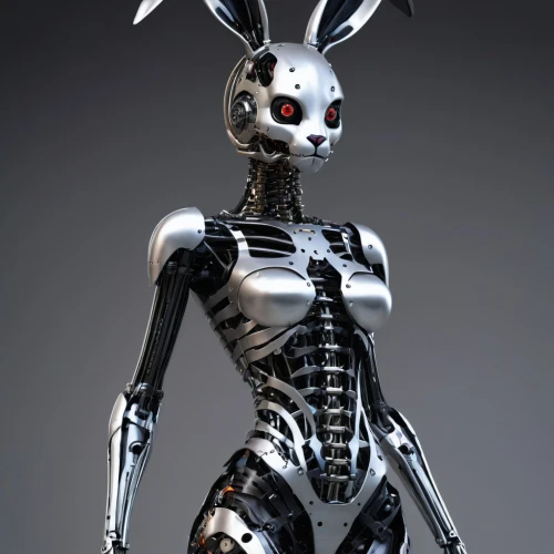 deco bunny,easter bunny,gray hare,endoskeleton,metal figure,rubber doll,rabbit,bunny,white rabbit,humanoid,robotic,biomechanical,cybernetics,alien warrior,white bunny,metal toys,cyber,jack rabbit,easter theme,3d figure