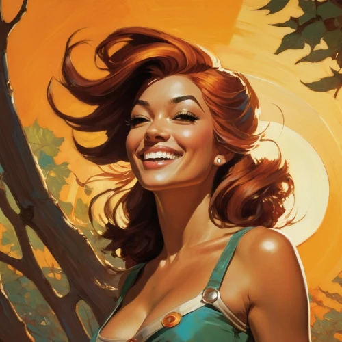 poison ivy,more radiant,firestar,rosa ' amber cover,mary jane,grin,starfire,transistor,fantasy woman,retro woman,retro women,background ivy,a smile,grinning,radiant,ecstatic,fantasy portrait,tiana,nami,bunches of rowan,Conceptual Art,Oil color,Oil Color 04