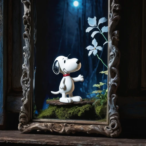 snoopy,magic mirror,whimsical animals,mirror in the meadow,dog frame,jack russel,cute cartoon character,whimsical,self-reflection,white cat,paper art,children's background,cute cartoon image,smurf figure,white dog,dogwood family,cat frame,mirror of souls,jazz frog garden ornament,jigsaw puzzle,Photography,Artistic Photography,Artistic Photography 02