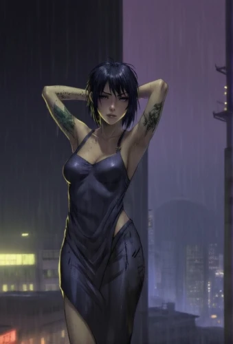 in the rain,catwoman,dusk background,cyberpunk,femme fatale,rainy,dusk,rooftop,monsoon banner,walking in the rain,rooftops,digital painting,gentiana,hong,ursa,hk,heavy rain,monsoon,rockabella,metropolis,Illustration,Realistic Fantasy,Realistic Fantasy 04