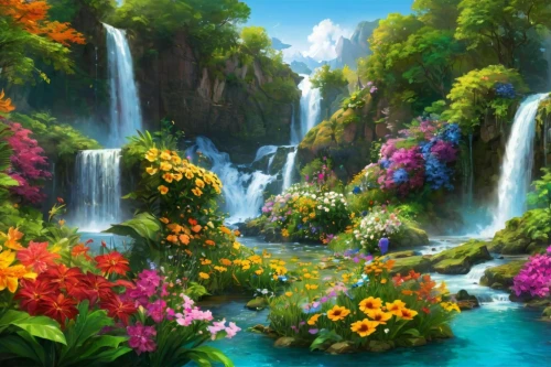 splendor of flowers,flower water,flower painting,flower background,landscape background,fantasy landscape,waterfall,water fall,fantasy picture,cascade,flower garden,nature landscape,waterfalls,oasis,a small waterfall,tropical bloom,underwater oasis,spring background,beauty scene,sea of flowers