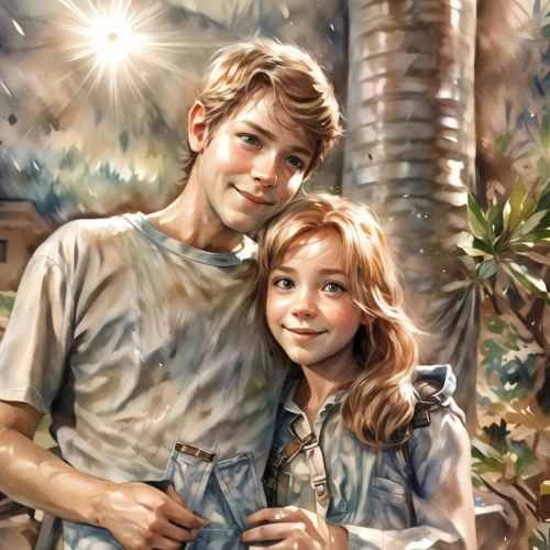 young couple,vintage boy and girl,girl and boy outdoor,little boy and girl,romantic portrait,boy and girl,mulberry family,david-lily,photo painting,birch family,portrait background,beautiful couple,before sunrise,digital painting,adam and eve,custom portrait,world digital painting,creek,arrowroot family,pam trees