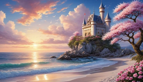 fantasy landscape,fantasy picture,fairytale castle,fairy tale castle,landscape background,coastal landscape,sea landscape,beach landscape,beautiful landscape,fantasy art,seaside resort,beautiful beaches,beautiful beach,dream beach,landscapes beautiful,fairytale,fairy tale,beach scenery,springtime background,purple landscape,Photography,General,Realistic