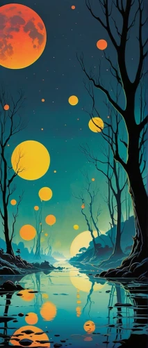 mushroom landscape,lunar landscape,alien planet,night scene,moons,moonscape,swampy landscape,acid lake,fantasy landscape,moonlit night,alien world,panoramical,fireflies,dreamland,halloween background,psychedelic art,planets,hanging moon,night sky,nightscape,Illustration,American Style,American Style 09