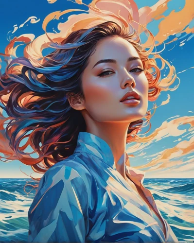 the wind from the sea,wind wave,oil painting on canvas,sea breeze,ocean,ocean waves,sea,flowing,oil painting,world digital painting,siren,painting technique,windy,tidal wave,blue painting,digital painting,wind,little girl in wind,ocean blue,by the sea,Illustration,Vector,Vector 07