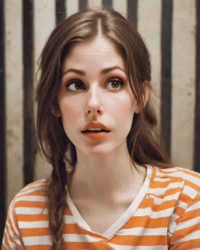 lip,cute,clementine,teen,adorable,beautiful face,mime,orange,lips,pretty young woman,young woman,pippi longstocking,pigtail,mascara,striped background,the girl's face,portrait of a girl,doll's facial features,vintage girl,beautiful young woman,Photography,Natural