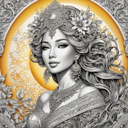 white rose snow queen,golden wreath,the snow queen,rosa ' amber cover,fantasy portrait,filigree,jasmine blossom,gold filigree,zodiac sign libra,zodiac sign gemini,jasmine,radha,rose flower illustration,sun bride,gold foil mermaid,virgo,golden crown,queen of the night,moonflower,lakshmi,Illustration,Black and White,Black and White 03