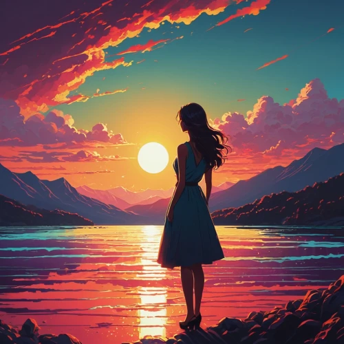 sunset,silhouette art,world digital painting,landscape background,the horizon,eventide,horizon,daybreak,dusk background,sunset glow,setting sun,creative background,dawn,digital art,colorful background,summer evening,evening lake,would a background,sundown,afterglow,Conceptual Art,Fantasy,Fantasy 32