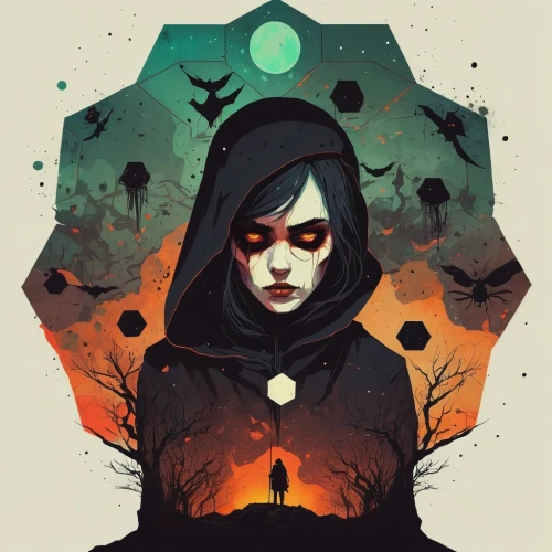 the witch,halloween poster,transistor,halloween illustration,the nun,game illustration,sci fiction illustration,cloak,halloween vector character,illustrator,digital illustration,gothic portrait,red riding hood,halloween and horror,game art,pilgrim,vector illustration,dark art,clementine,black crow,Illustration,Paper based,Paper Based 19