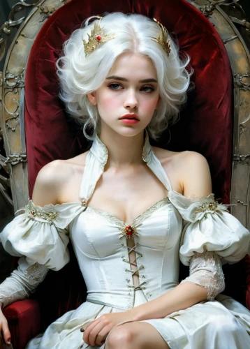 white rose snow queen,white lady,eglantine,fairy tale character,porcelain doll,victorian lady,suit of the snow maiden,fairy queen,snow white,the snow queen,queen of hearts,porcelain dolls,rococo,baroque angel,bridal clothing,miss circassian,fantasy portrait,gothic portrait,throne,cinderella,Illustration,Realistic Fantasy,Realistic Fantasy 16