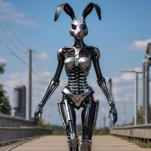 endoskeleton,easter bunny,jack rabbit,deco bunny,metal figure,bunny,gray hare,exoskeleton,district 9,anthropomorphized,metal toys,rabbit,bot,cybernetics,anthropomorphized animals,robotic,chat bot,suit actor,barebone computer,anthropomorphic