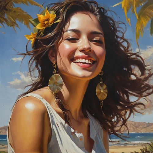 a girl's smile,girl in flowers,beautiful girl with flowers,oil painting,oil painting on canvas,romantic portrait,girl portrait,ecstatic,art painting,boho art,moana,young woman,portrait background,cheerfulness,jasmine crape,a smile,polynesian girl,sea beach-marigold,rosa bonita,grin,Conceptual Art,Fantasy,Fantasy 15