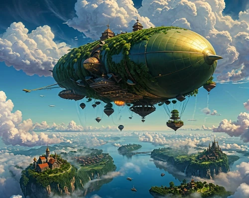 airships,airship,hot-air-balloon-valley-sky,floating island,flying island,floating islands,air ship,little planet,fantasy landscape,fantasy world,balloon trip,hot air balloon,mushroom island,fantasy picture,fantasy art,sci fiction illustration,flying seeds,panoramical,hot air balloons,elves flight