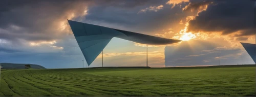 fields of wind turbines,futuristic art museum,futuristic landscape,futuristic architecture,virtual landscape,windenergy,wind machines,cube background,sun dial,energy field,wind finder,sculpture park,cube stilt houses,cube surface,solar field,sundial,mirror house,steel sculpture,public art,sails of paragliders,Photography,General,Realistic
