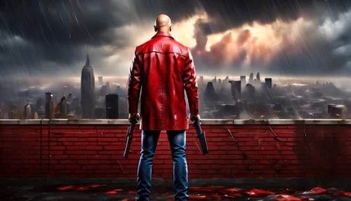 red hood,red coat,daredevil,red cape,red super hero,red arrow,superhero background,standing man,saw,photo manipulation,photoshop manipulation,headless,the edge,raincoat,man with umbrella,blood collection,overcoat,dead pool,a drop of blood,it