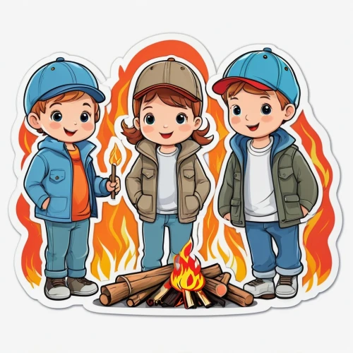 kids illustration,campfire,boy scouts,campfires,chibi kids,fire wood,kids fire brigade,camp fire,fire logo,firemen,chibi children,scouts,forest workers,firefighters,fire fighters,boys fashion,stick kids,boy scouts of america,boy's hats,log fire,Unique,Design,Sticker